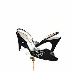 1980s Vintage Black Strappy High Heel Evening Shoes Sandals With Jewels 5 1/2